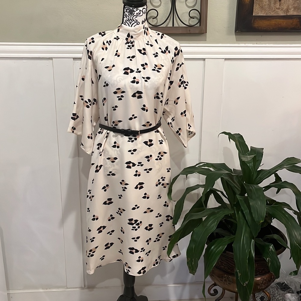 Frances Hart mock neck print midi dress ivory black bow tie silk XS Med